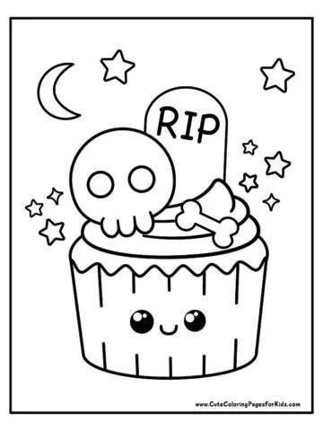 coloring page with line drawing of a cute cupcake with skull, gravestone, and bone on top of the icing, and stars and moons in the background