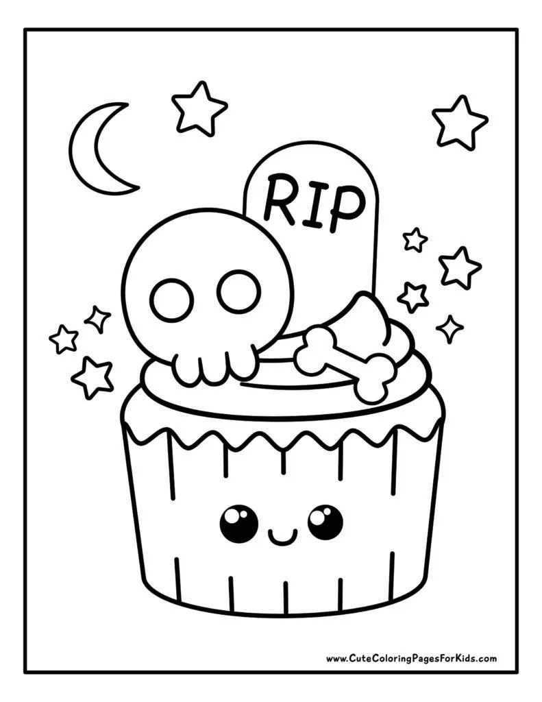 coloring page with line drawing of a cute cupcake with skull, gravestone, and bone on top of the icing, and stars and moons in the background