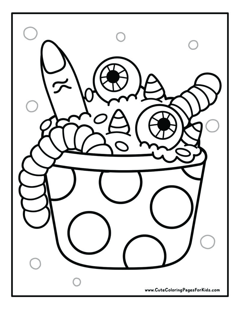 detailed coloring page of Halloween treat cup filled with candy eyeballs, gummy worms, candy corns, and a candy finger