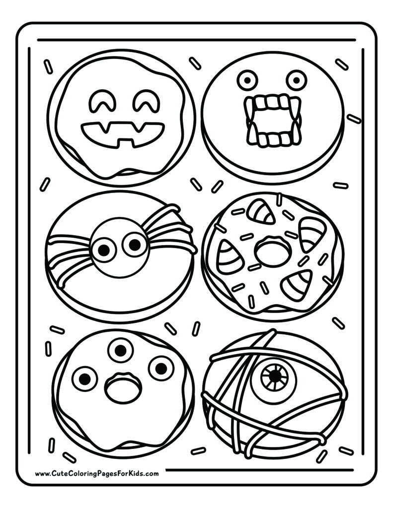 coloring page with line drawing of 6 halloween donuts with a variety of decorations