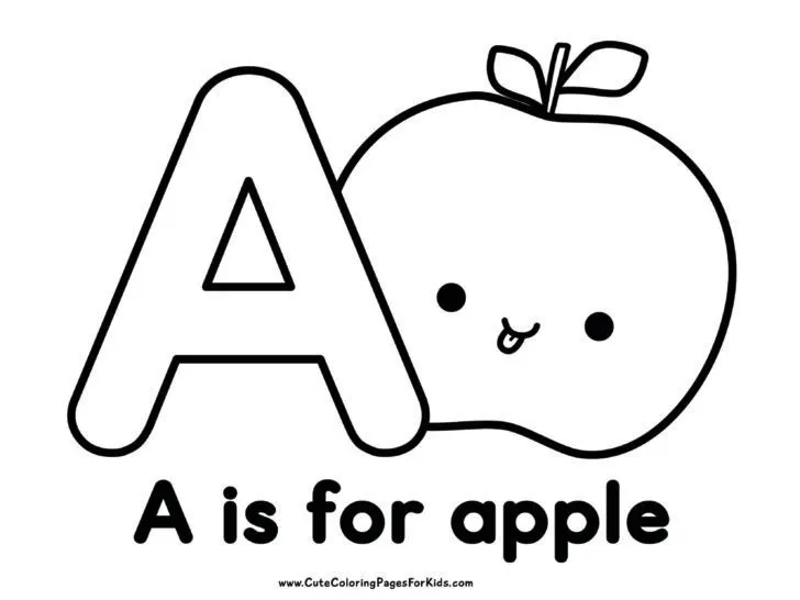 a is for apple coloring page with big letter A and a cute apple illustration