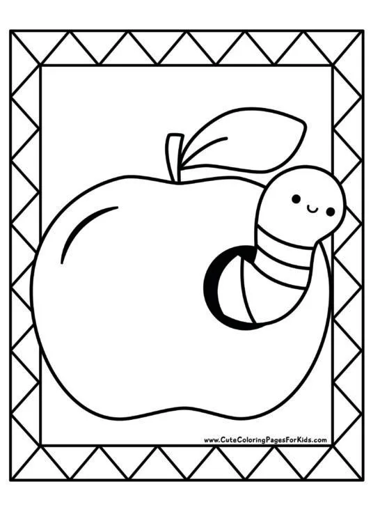 coloring page with drawing of a cute worm coming out of an apple with a geometric border around it