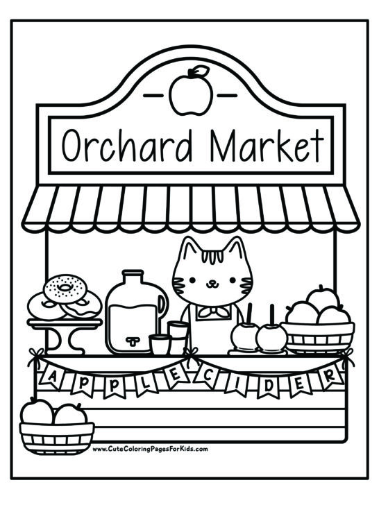 full page coloring sheet with detailed illustration of an apple orchard market stand. There are donuts, a jug of apple cider, candy apples, and apple baskets, with a kitty standing by to take orders