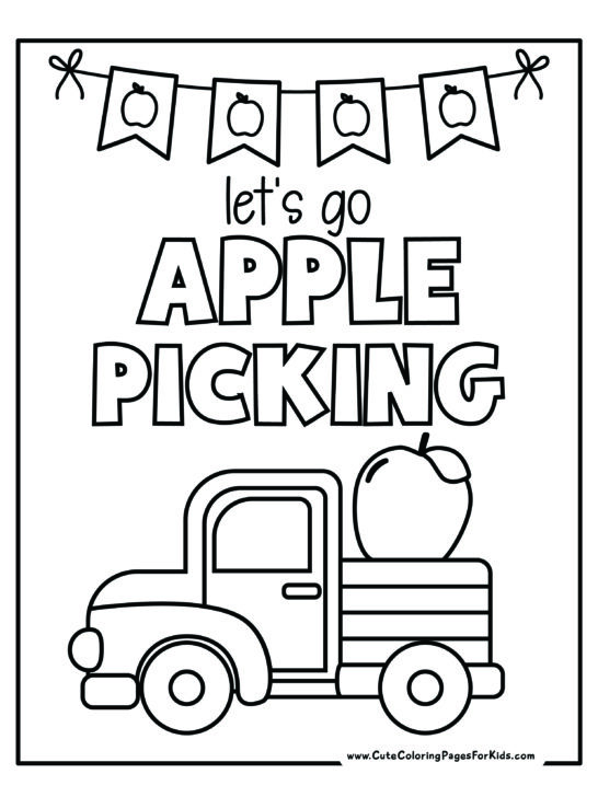 apple picking coloring page with old farm truck carrying a large apple and an apple bunting at the top of the page