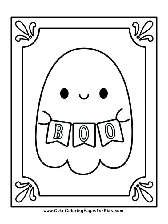 coloring page with frame border and cute smiling ghost holding a banner that says "BOO"