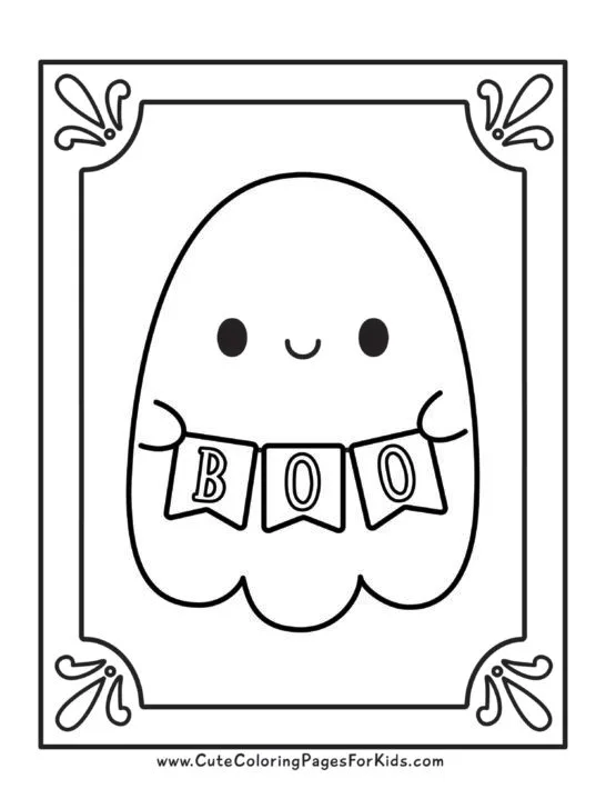 coloring page with frame border and cute smiling ghost holding a banner that says "BOO"