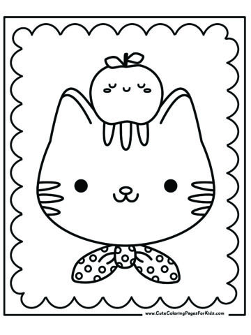 coloring page with illustration of a kitty wearing a neck handkerchief that has an apple on its head