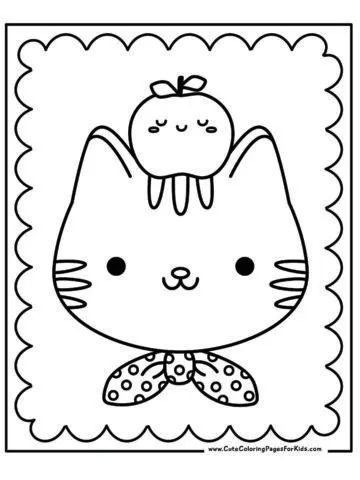 coloring page with illustration of a kitty wearing a neck handkerchief that has an apple on its head