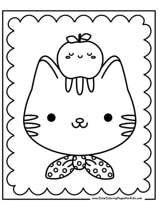 kawaii coloring page with illustration of a kitty wearing a neck handkerchief that has an apple on its head