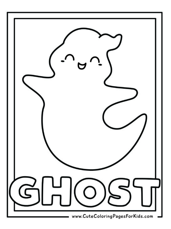 simple ghost coloring page with one happy ghost and the word GHOST underneath it.