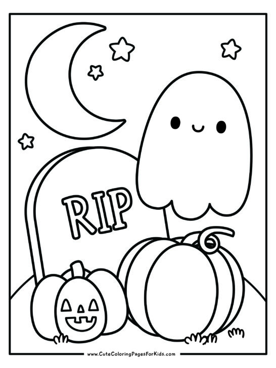 coloring page with line drawing of cute ghost in graveyard with pumpkin and jack o lantern