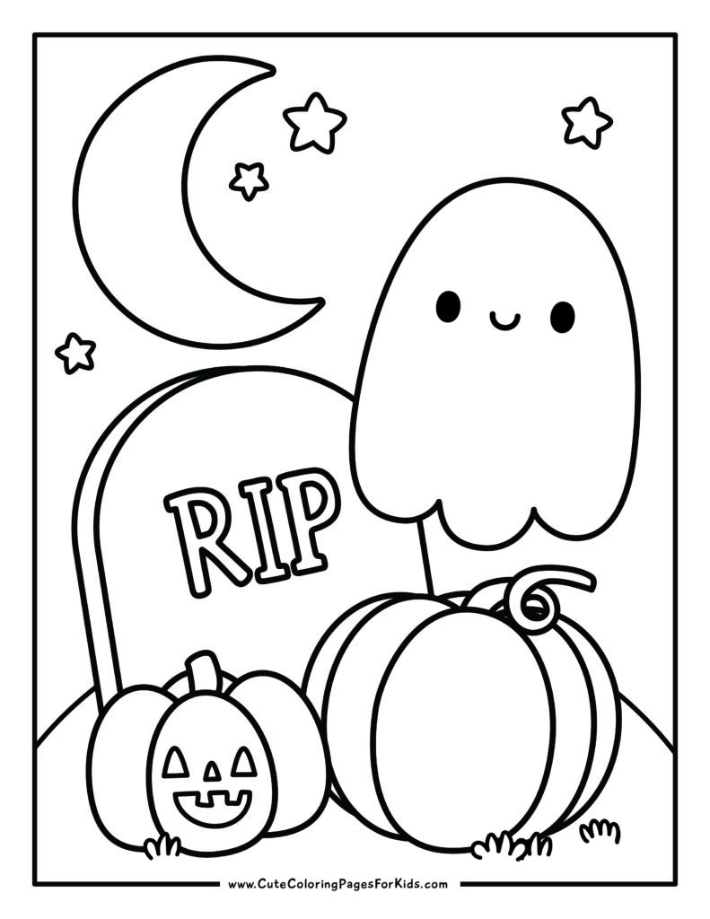 coloring page with line drawing of cute ghost in graveyard with pumpkin and jack o lantern