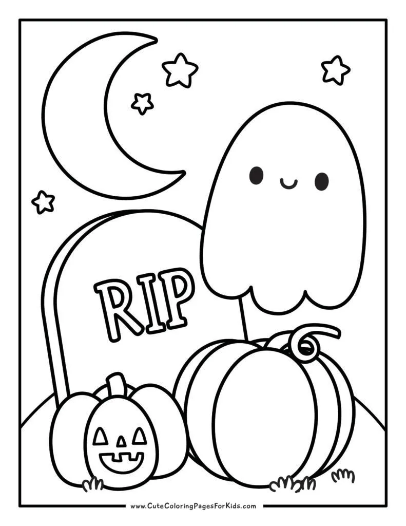 coloring page with line drawing of cute ghost in graveyard with pumpkin and jack o lantern