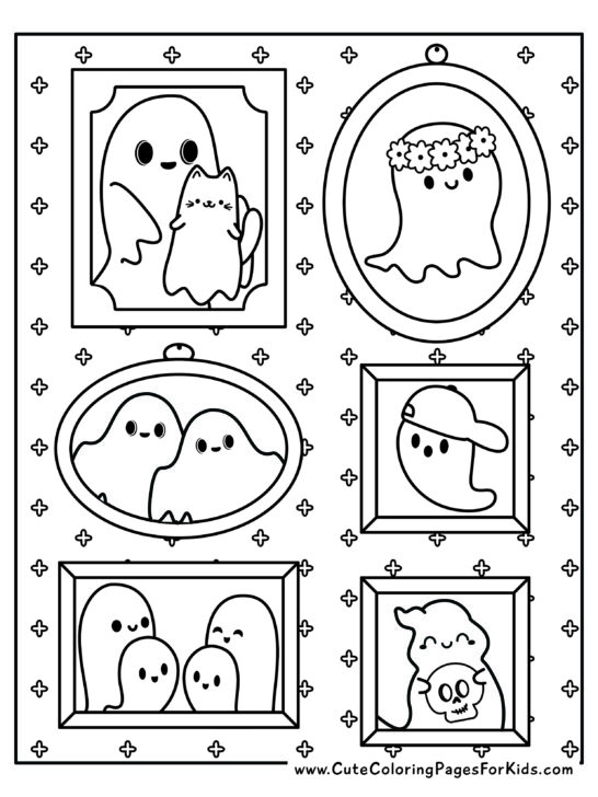 full page coloring sheet with illustrations of a frame gallery with pictures of ghosts within the frames. 