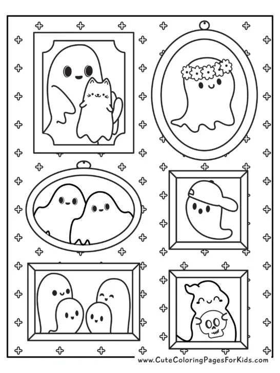 full page coloring sheet with illustrations of a frame gallery with pictures of ghosts within the frames. 