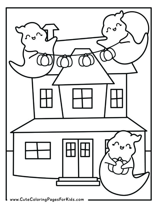 coloring page with picture of three ghosts decorating a house for Halloween