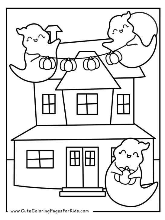 coloring page with picture of three ghosts decorating a house for Halloween