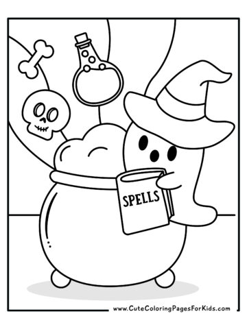 coloring sheet with illustration of ghost in witch hat at a cauldron with items floating into it