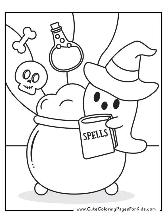 coloring page with ghost wearing a witch's hat, floating near a cauldron while holding a book. A bone, skull, and potion bottle are floating above the cauldron.