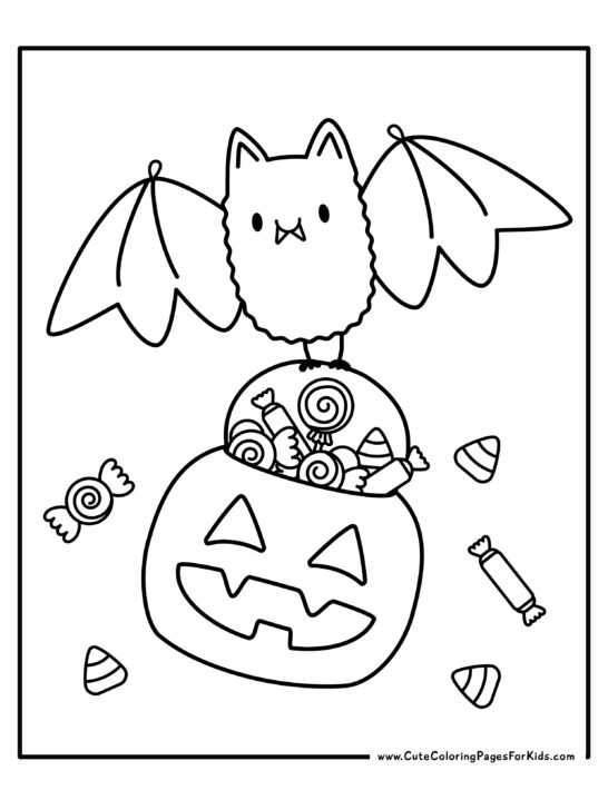 coloring sheet with picture of a cute bat flying with a basket of halloween candy