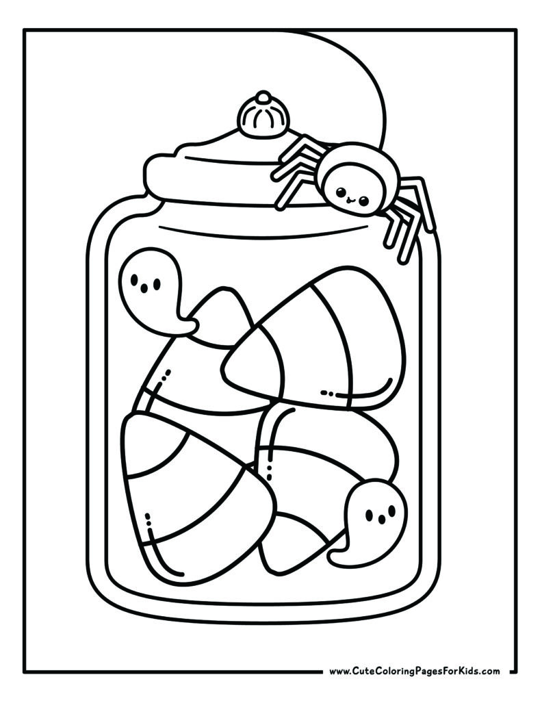 coloring page with illustration of a candy jar filled with candy corn and two cute ghost flying around, with a spider landing on top of the jar.