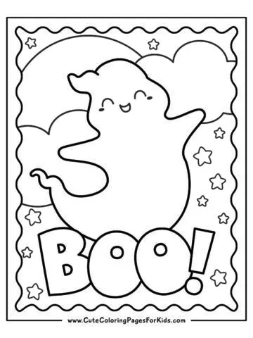 coloring page of cute and friendly ghost with moon and stars background and the word BOO!