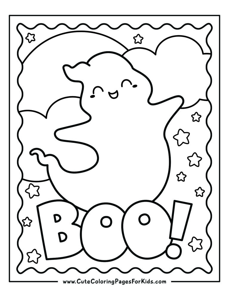 coloring page of cute and friendly ghost with moon and stars background and the word BOO!