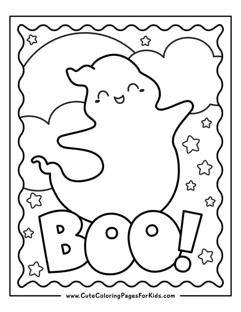 coloring page of cute and friendly ghost with moon and stars background and the word BOO!