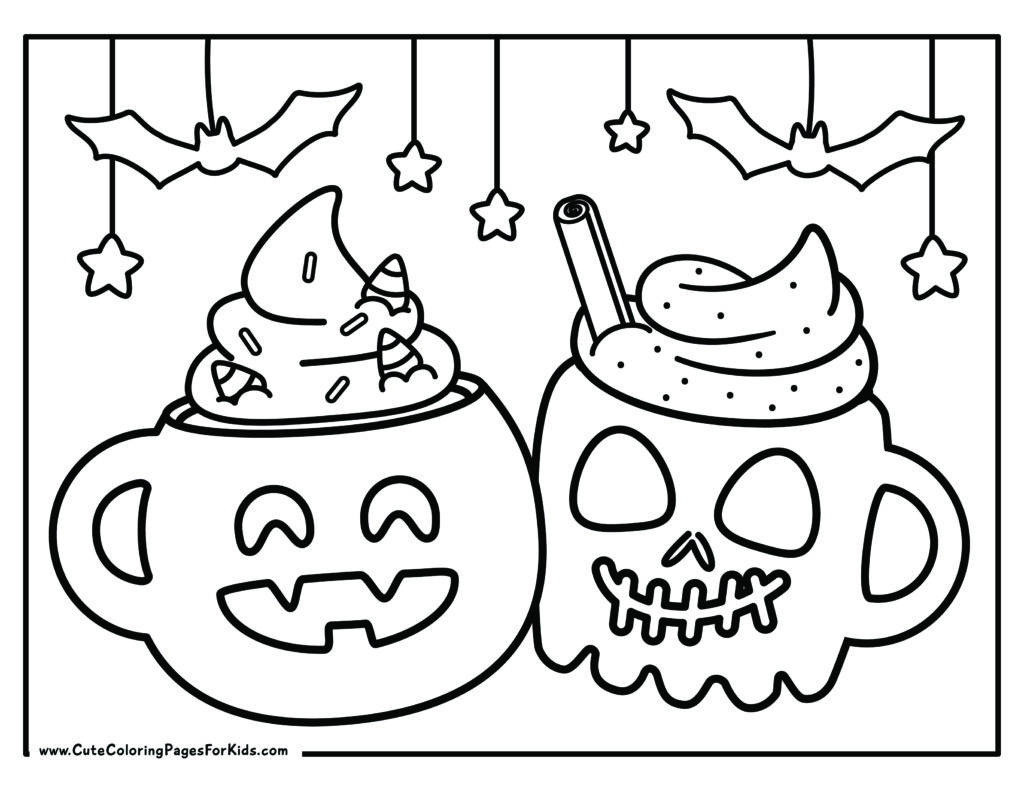 coloring sheet with picture of a jack-o lantern-mug with whipped topping, and a skull mug with whipped cream topping and cinnamon stick, with bats and stars garland at the top