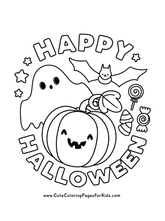 happy halloween coloring sheet printout with a spooky ghost, a happy jack-o-lantern, and a flying bat with candy and stars