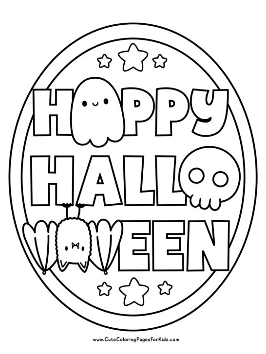 coloring page with Happy halloween in big letters with some letters replaced with cute halloween characters. Features a ghost, a skull, and a bat hanging upside down, within an oval border