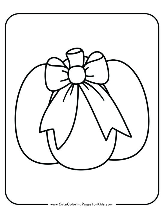 coloring page with simple image of a pumpkin with a bow tied onto the stem