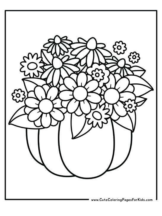 coloring page with illustration of a bouquet of flowers coming out of the top of a pumpkin