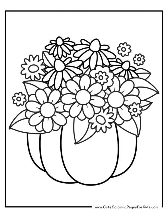 coloring page with illustration of a bouquet of flowers coming out of the top of a pumpkin