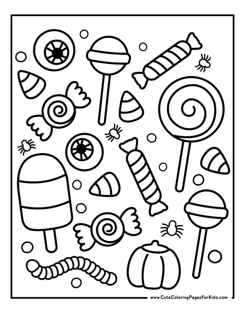 printout of halloween candy coloring page with simple line drawings of a variety of candies