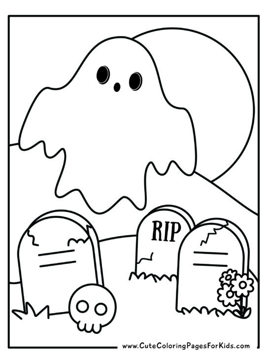 coloring page with picture of a ghost flying over a graveyard.