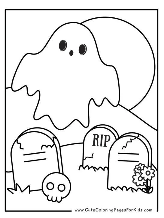 coloring page with picture of a ghost flying over a graveyard.