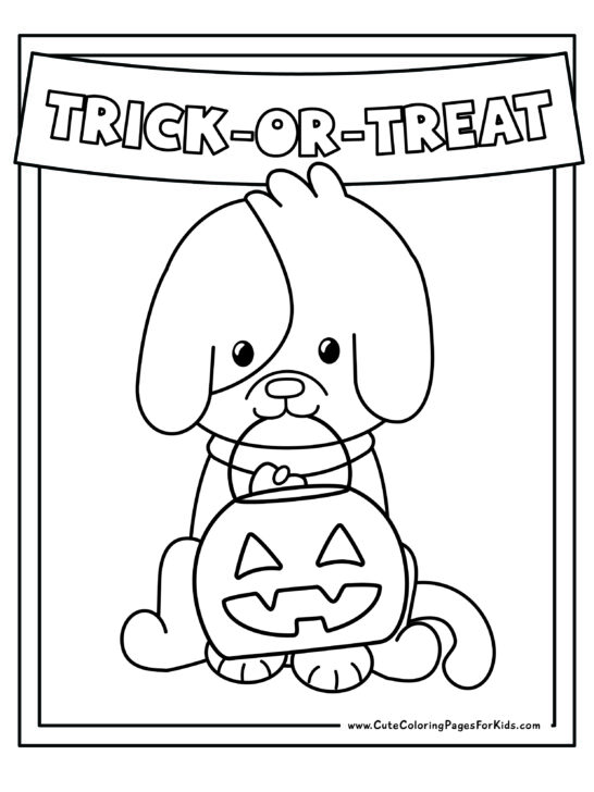 coloring sheet with picture of a cute dog holding a jack-o-lantern shaped trick or treat basket, with the words trick-or-treat above him