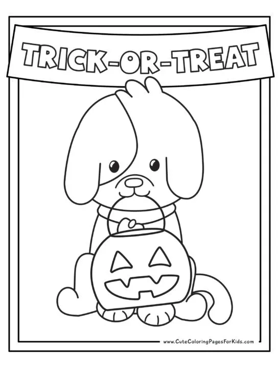 coloring sheet with picture of a cute dog holding a jack-o-lantern shaped trick or treat basket, with the words trick-or-treat above him