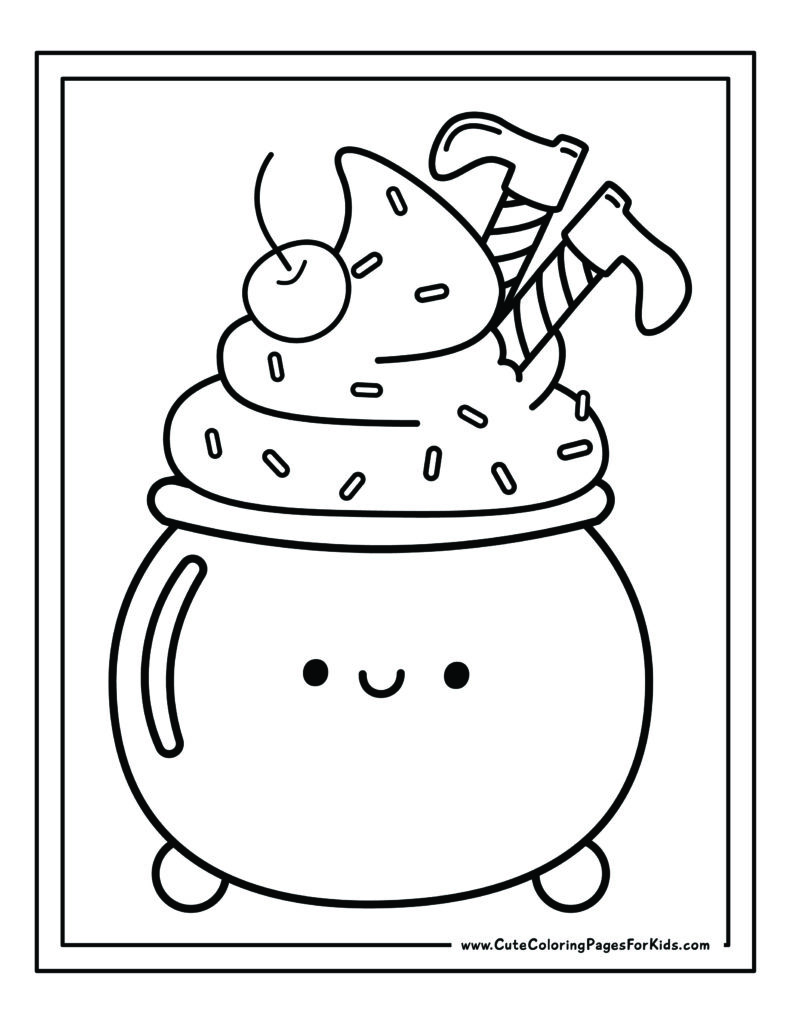 coloring sheet with picture of witche's cauldron that has icing swirl on top with witch legs sticking out