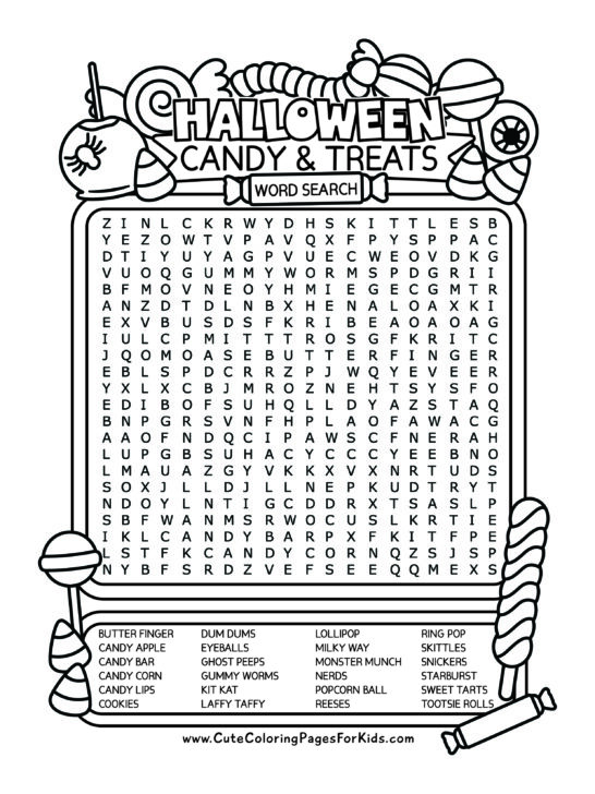 word search printout with the words "Halloween Candy and Treats" at the top and a word puzzle in a frame, plus a word bank box at the bottom. Illustrations of candy are around the word search puzzle.