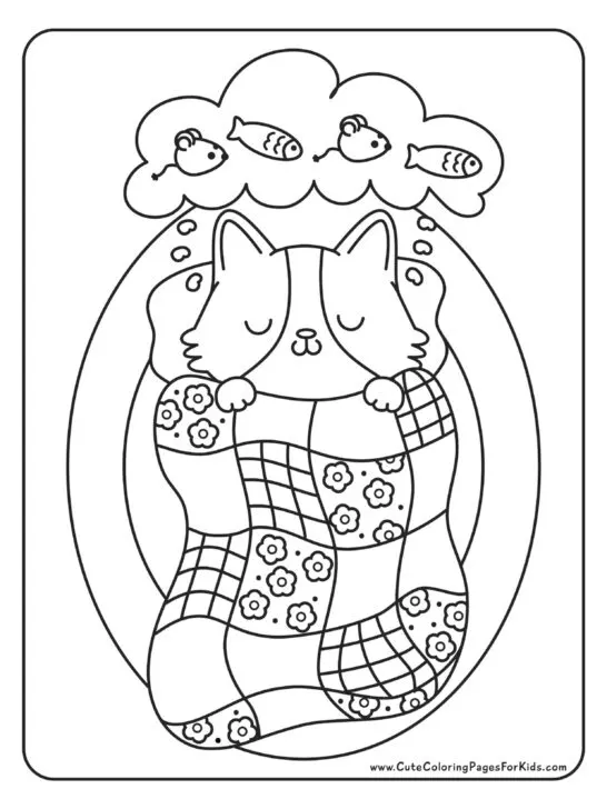 coloring page with picture of a cat sleeping under a quilt and dreaming of mice and fish