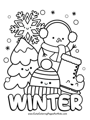 cute winter coloring sheet with snowman, snowflake, winter tree, winter hat, and ice skate, with the word winter