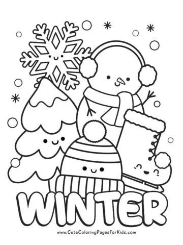 cute winter coloring sheet with snowman, snowflake, winter tree, winter hat, and ice skate, with the word winter