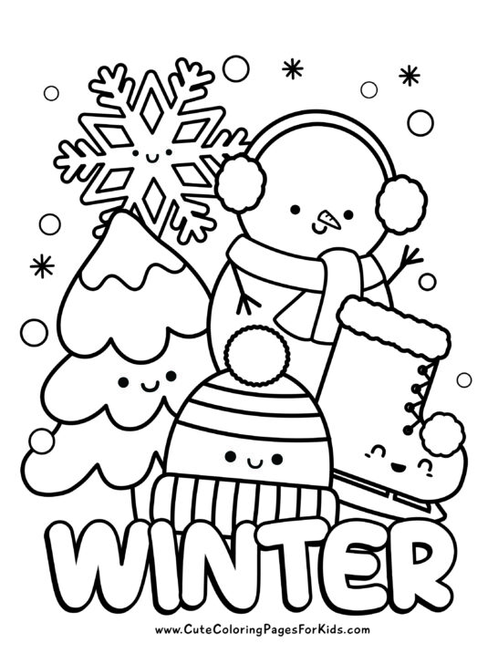 cute winter coloring sheet with snowman, snowflake, winter tree, winter hat, and ice skate, with the word winter