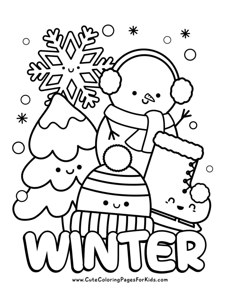 cute winter coloring sheet with snowman, snowflake, winter tree, winter hat, and ice skate, with the word winter