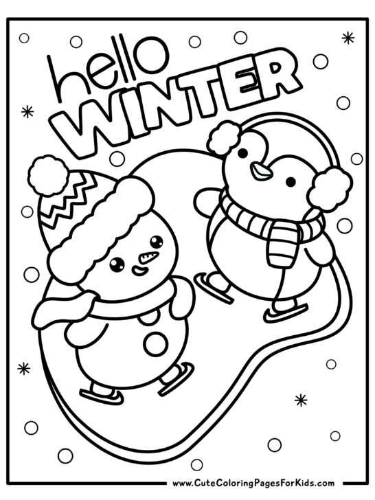 hello winter coloring page with penguin and snowman ice skating