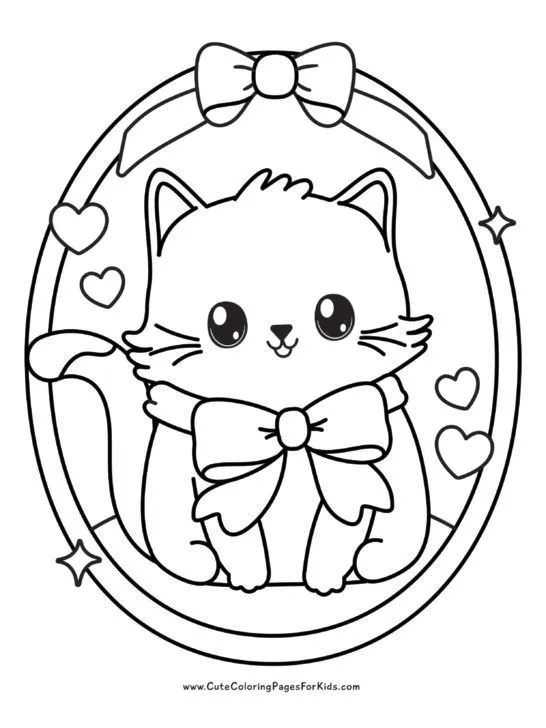 cute kitten coloring page with bows and hearts