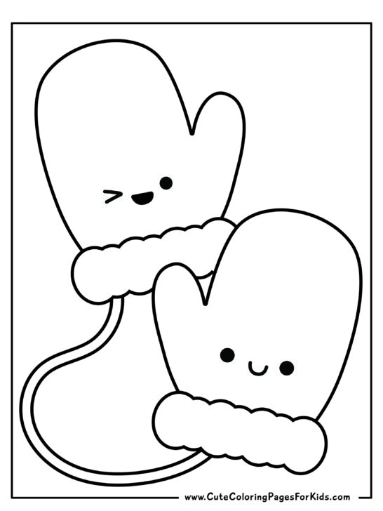 coloring page with simple mittens outline and kawaii faces on the mittens