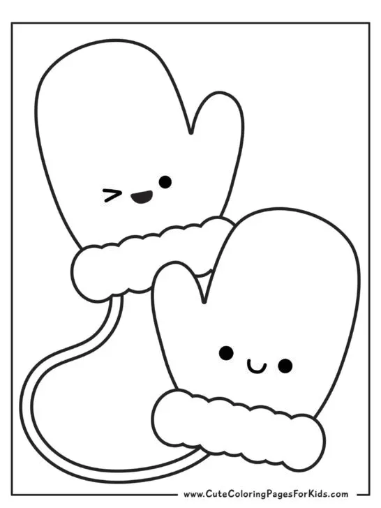 coloring page with simple mittens outline and kawaii faces on the mittens